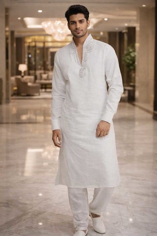 Mens White Linen Kurta Pajama Silver Piping Embroidered Wedding Outfit