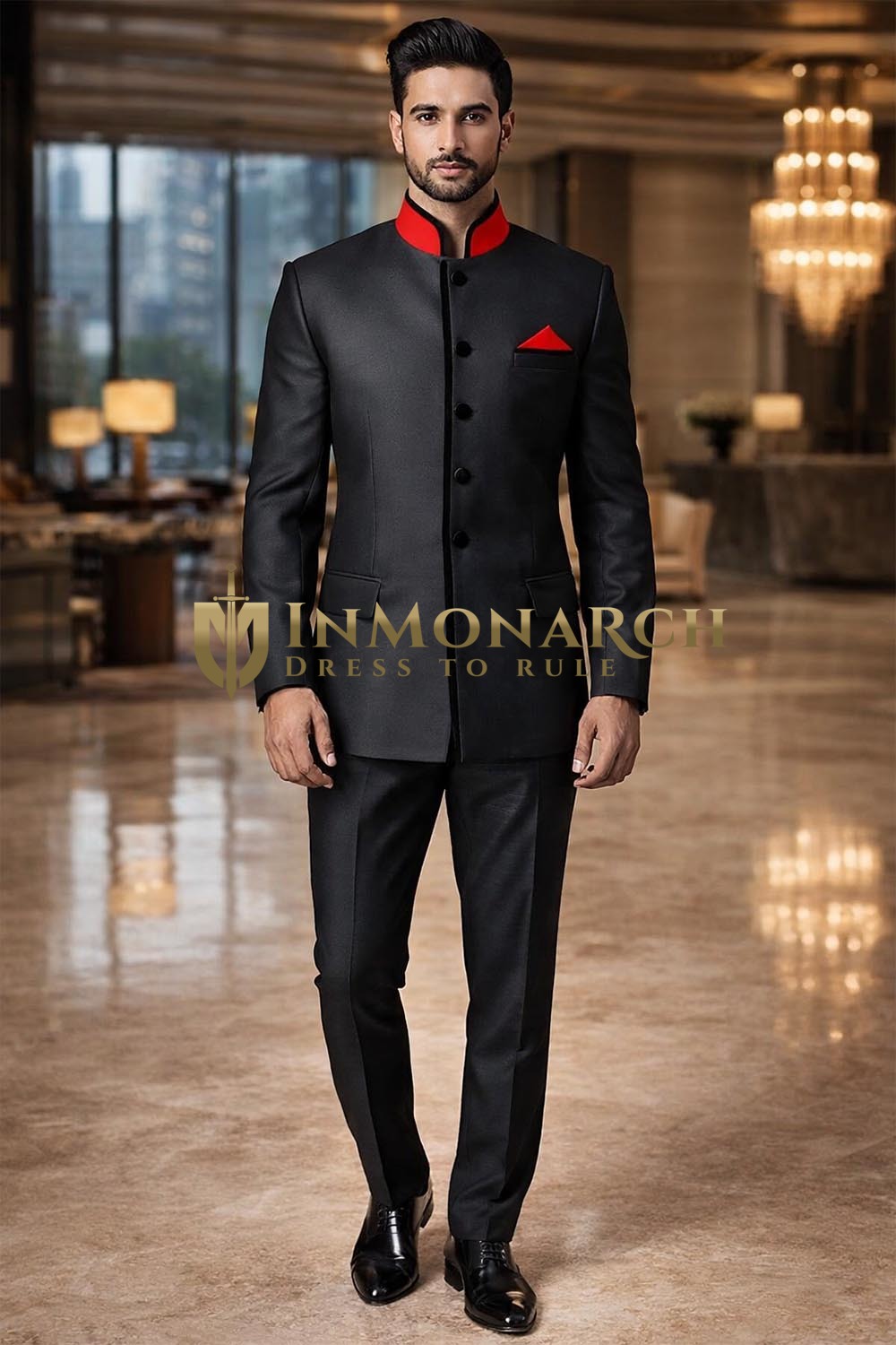 Chaqueta Nehru negra con terciopelo