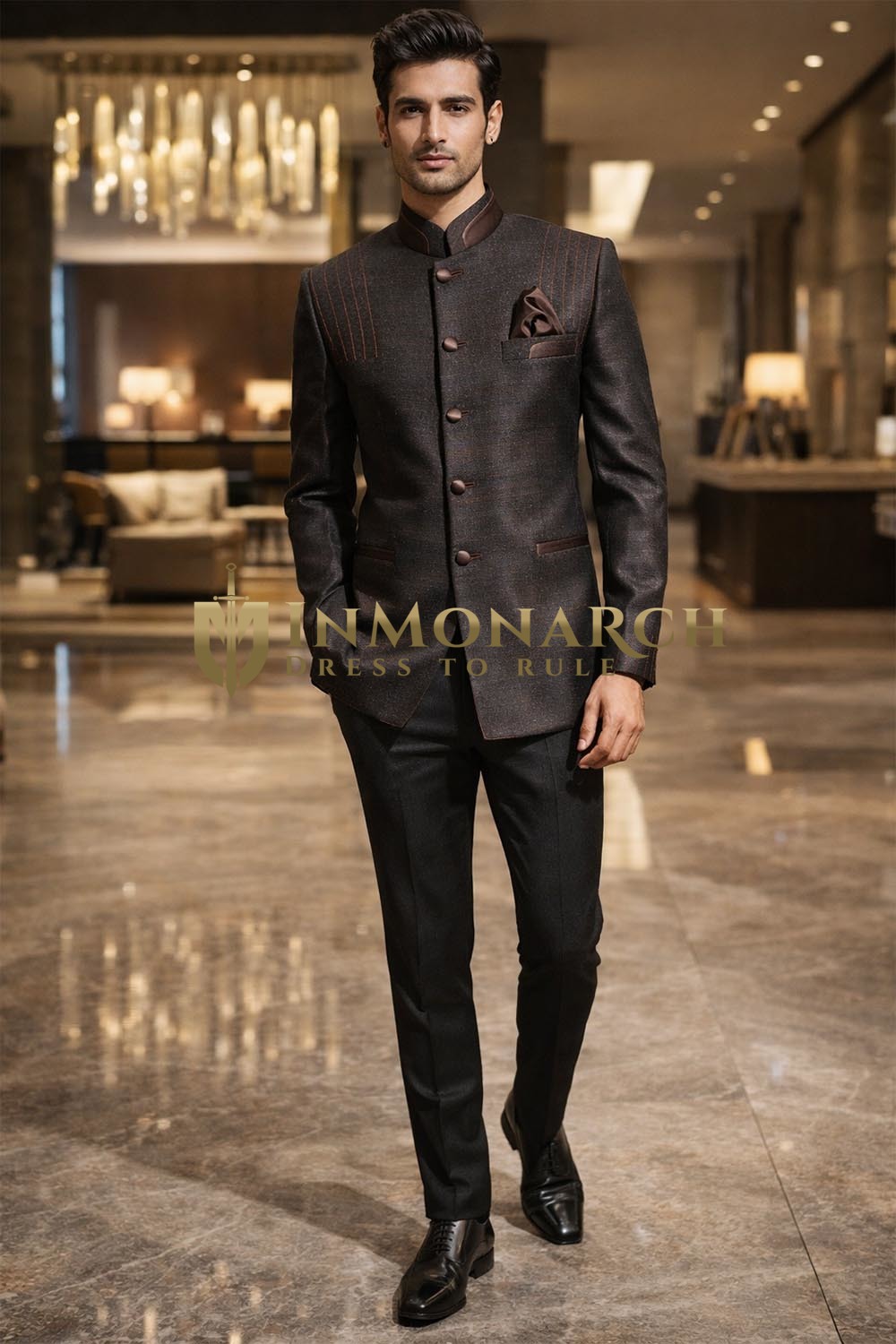 Mens Brown Nehru Collar Jacket Thread Work Wedding Bandhgala Blazer