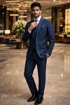 Mens Blue Plaid 4 Piece Peak Lapel Tuxedo Suit Modern Wedding Outfit