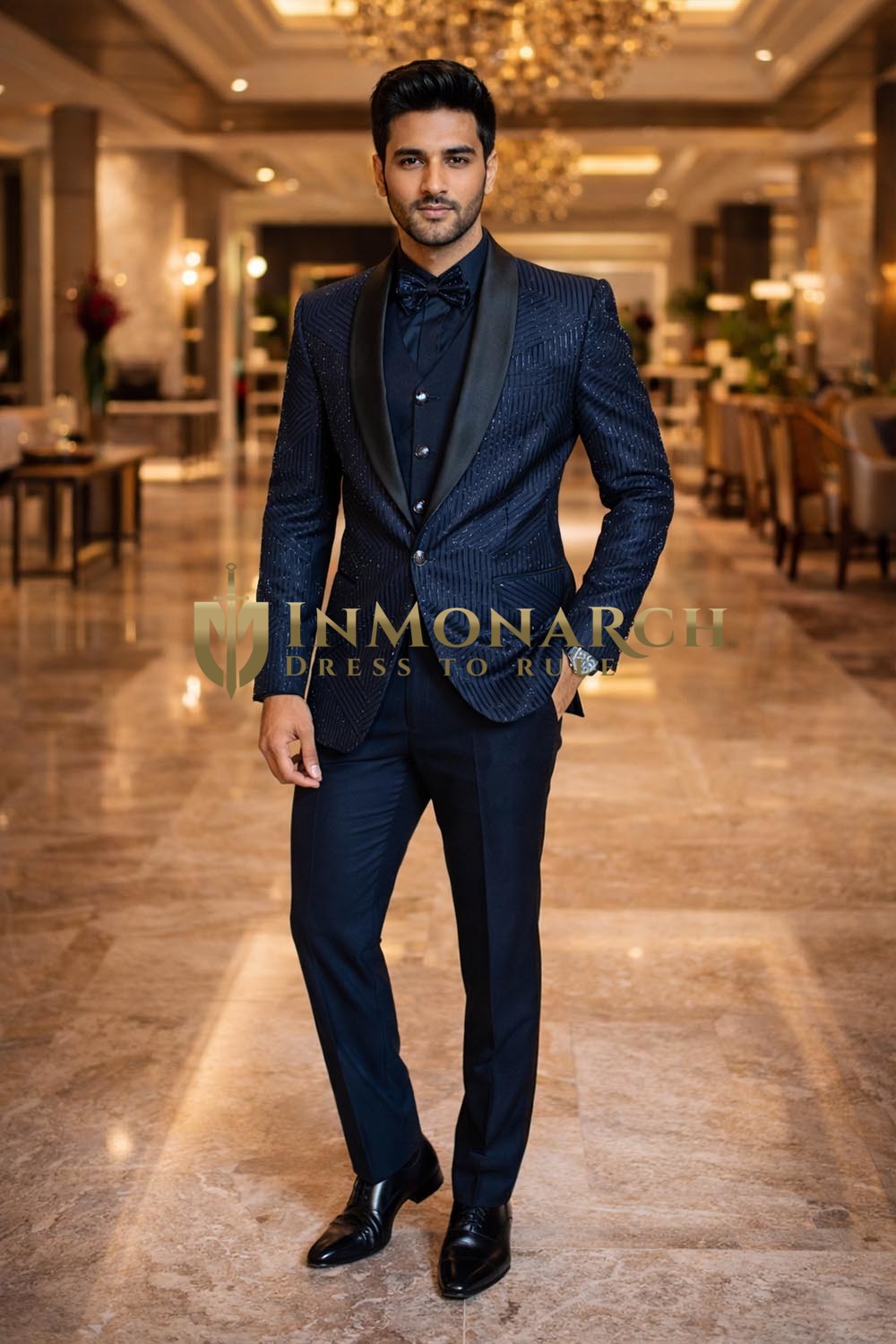 Mens Navy Blue Shawl Lapel Tuxedo Suit 3 Piece Groom Wedding Outfit Pro