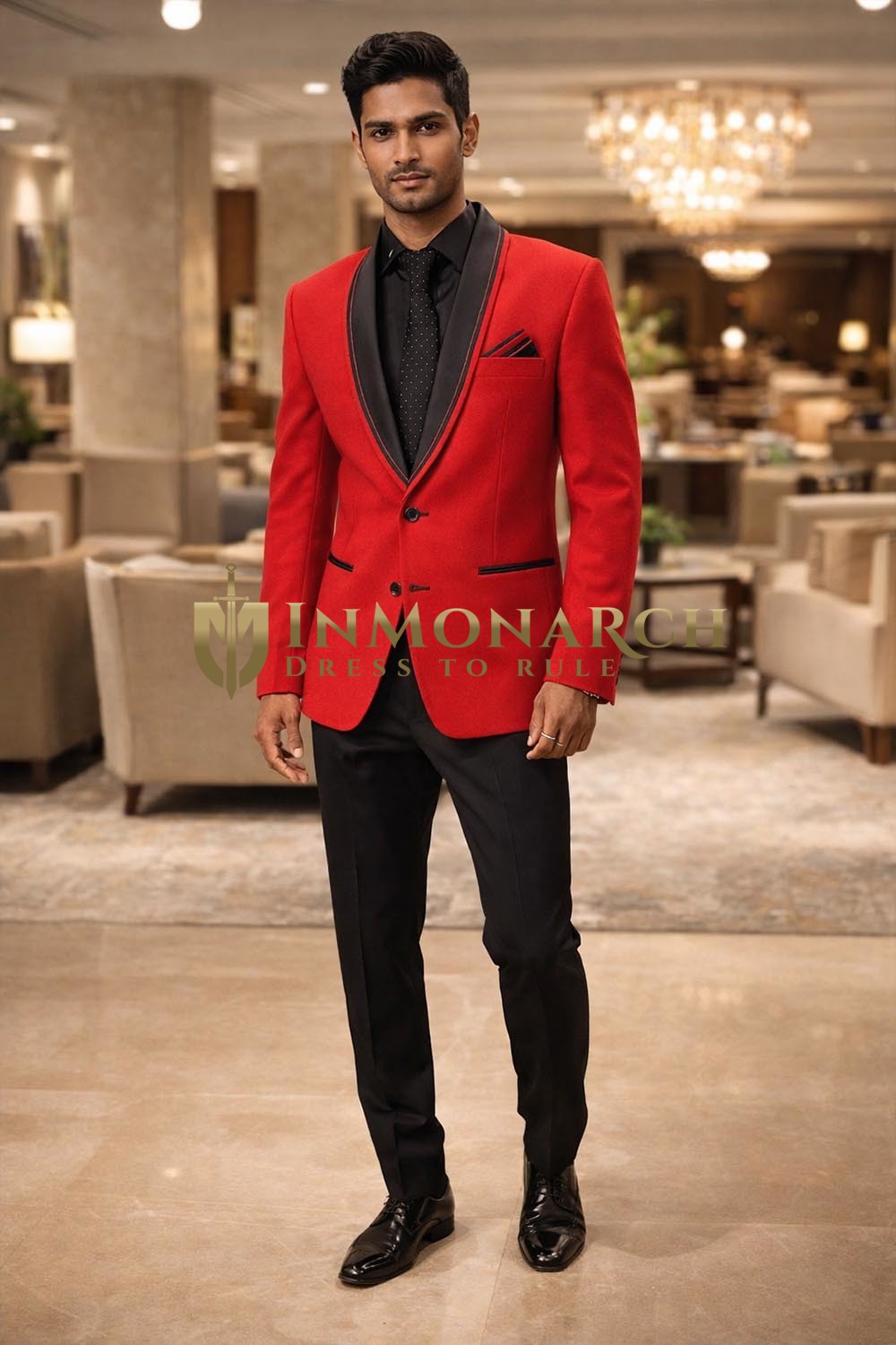 Mens Red Shawl Lapel Tuxedo Suit 5 Piece Black Tie Wedding Formal Outfit