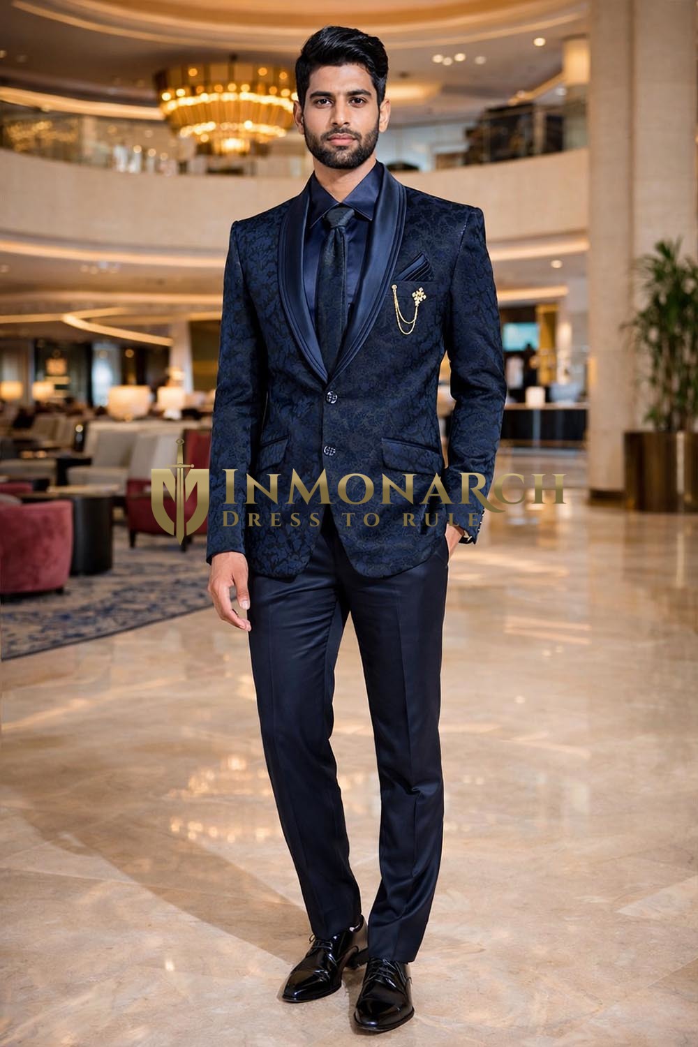 Mens Midnight Navy Textured Shawl Lapel Tuxedo 6 Piece Wedding Suit Pro