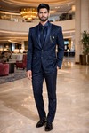 Mens Midnight Navy Textured Shawl Lapel Tuxedo 6 Piece Wedding Suit Pro