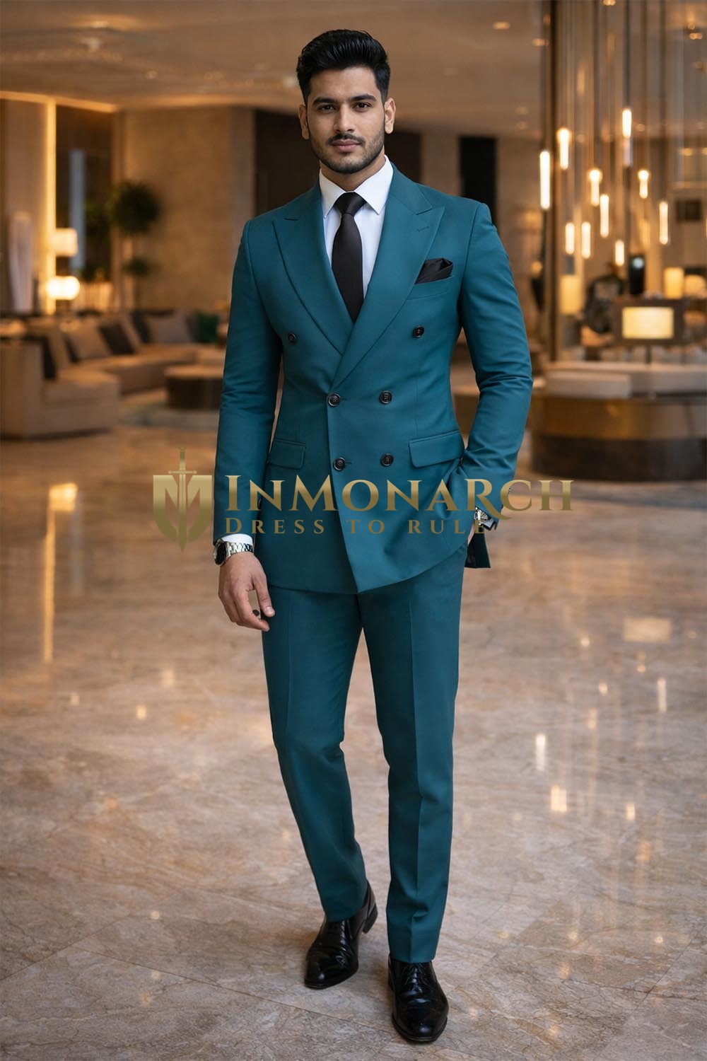 Traje azul verdoso cruzado 3 piezas