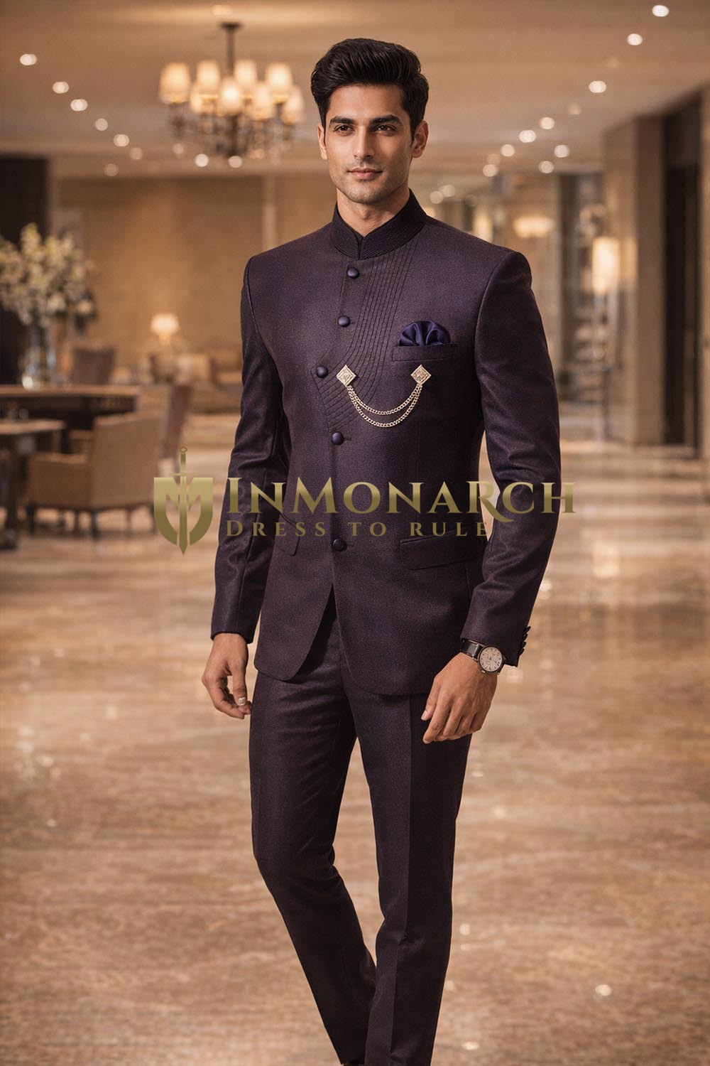 Mens Wine Purple Nehru Collar Tuxedo Suit 4 Piece Groom Wedding Outfit