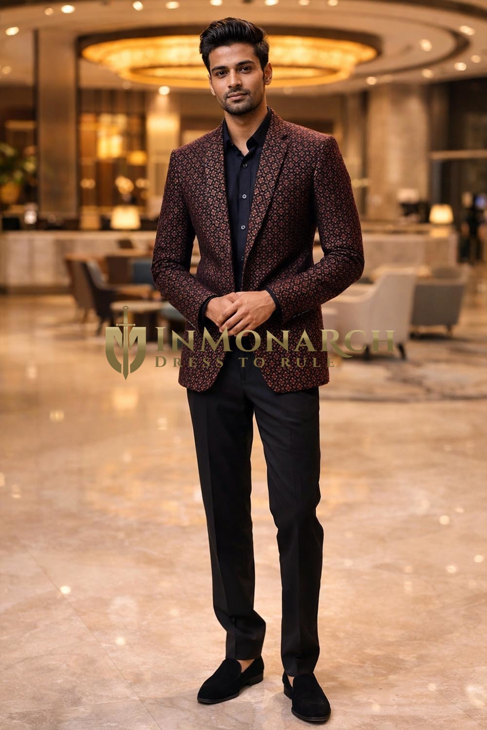 Mens Wine Embroidered Velvet Tuxedo Suit 3 Piece Shawl Lapel