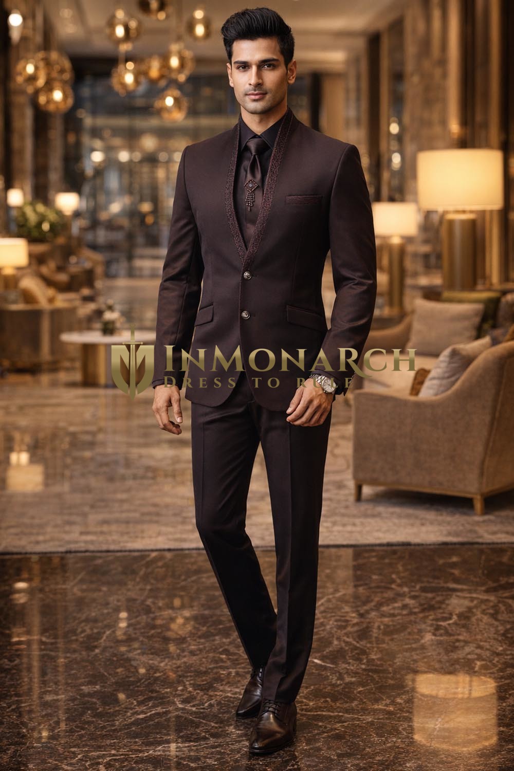 Esmoquin burdeos cuello alto 5 piezas