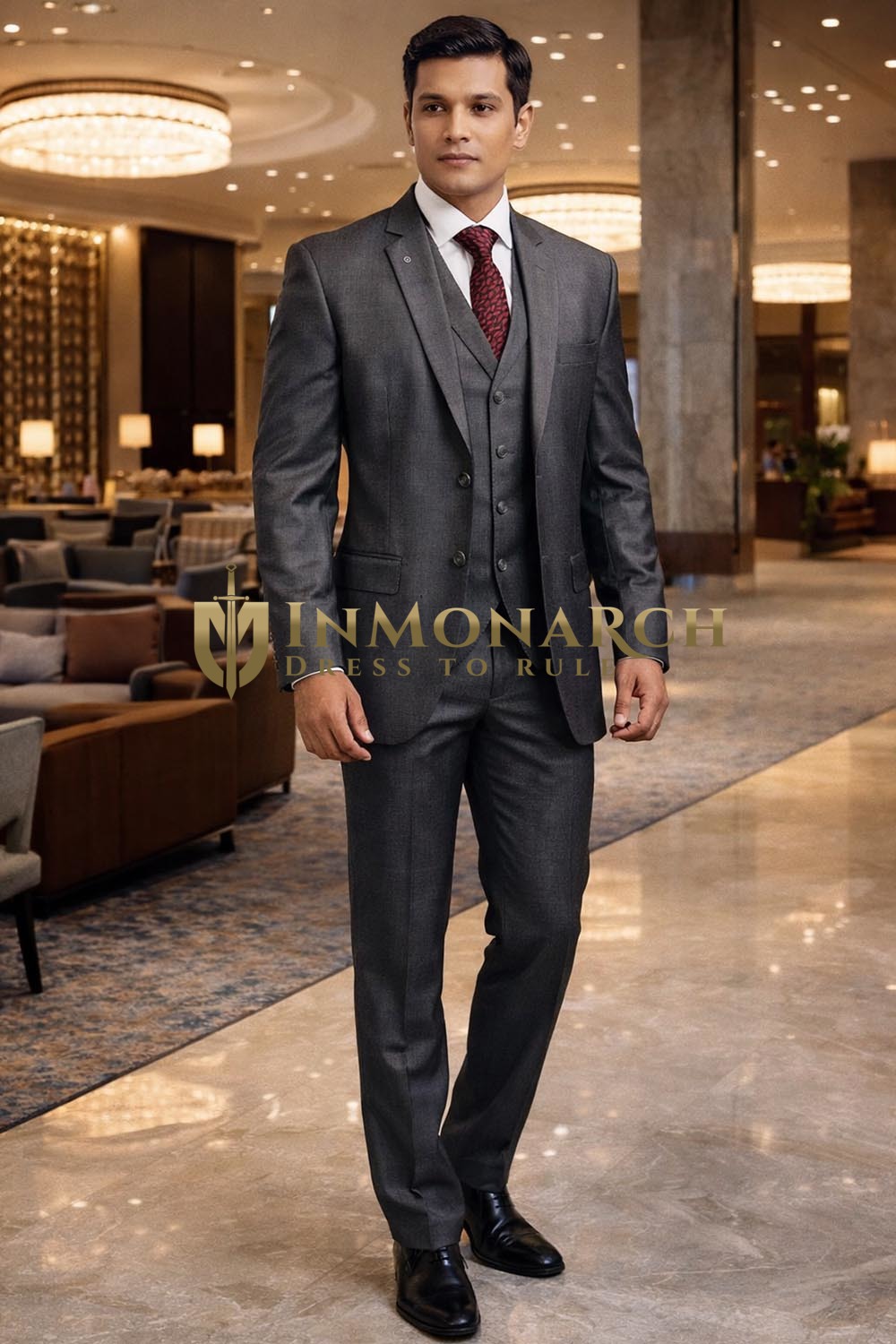 Mens Dark Gray Two Button Tuxedo Suit 5 Piece Formal Set