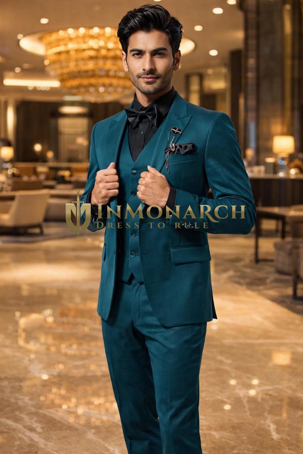 Teal Blue Peak Lapel One Button Tuxedo Suit 7 Piece Set for Men