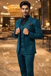 Teal Blue Peak Lapel One Button Tuxedo Suit 7 Piece Set for Men