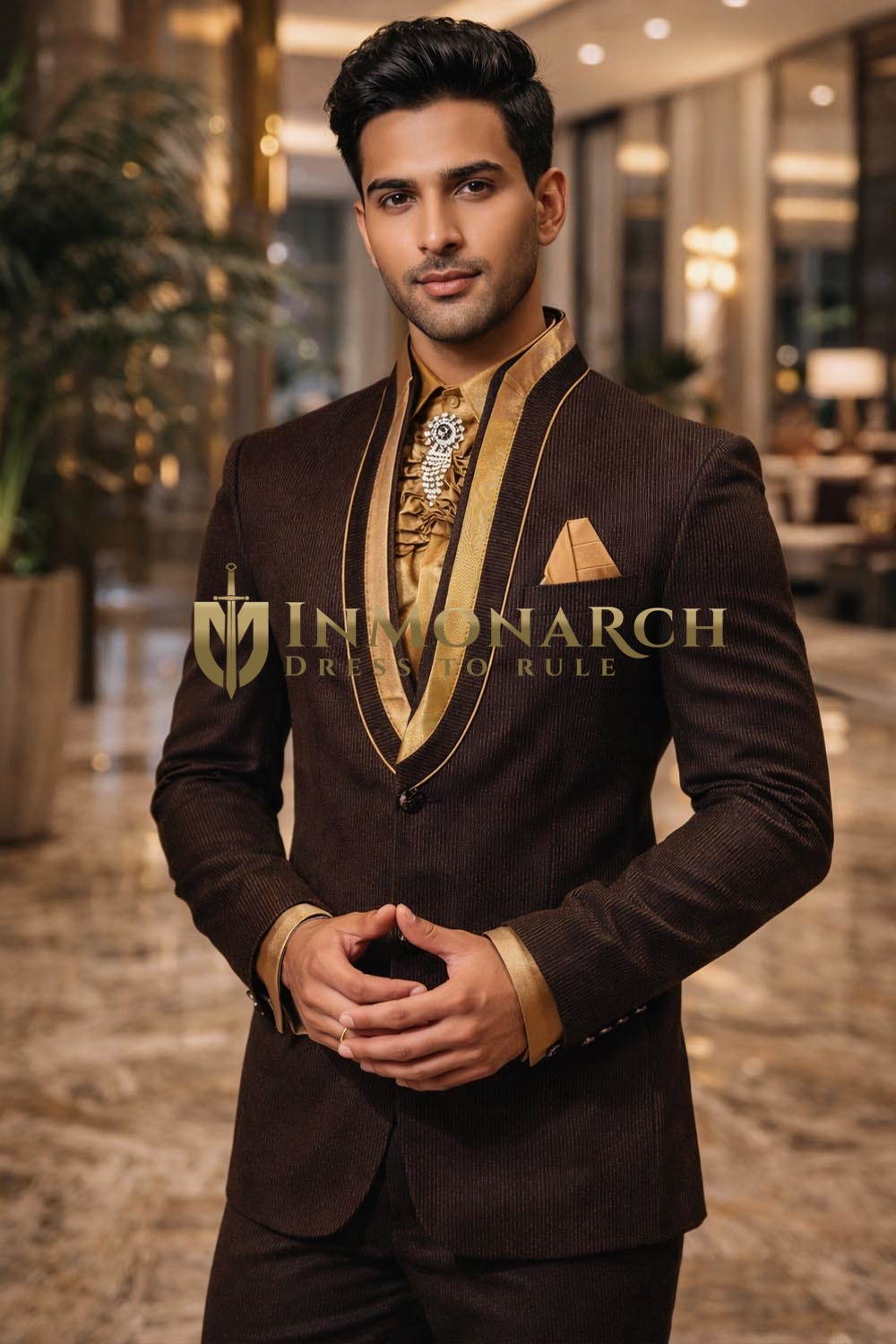 Mens Dark Brown 6 Piece Tuxedo Suit Royal Party Formal Evening Outfit