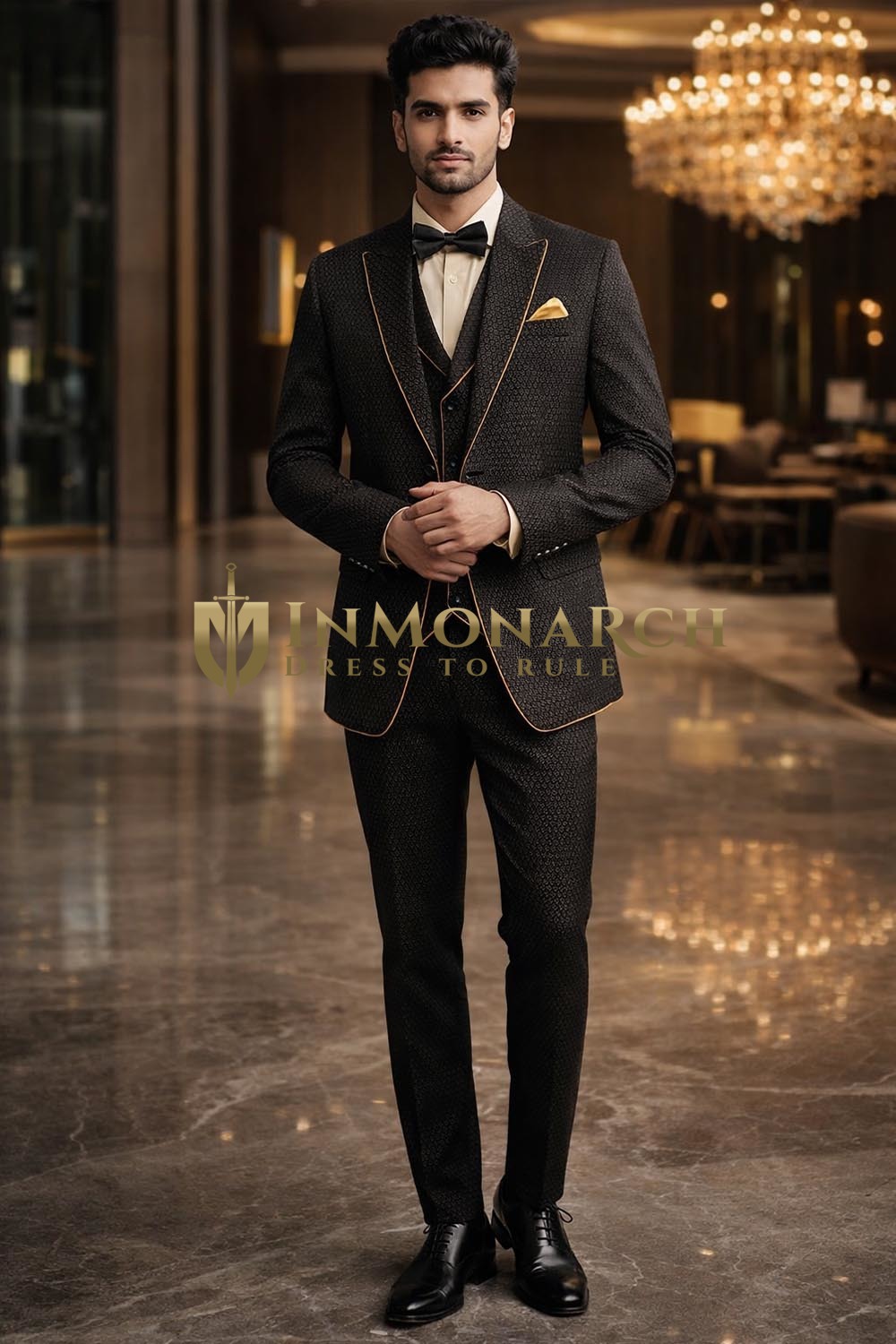 Mens Black Peak Lapel 3 Piece Tuxedo Suit Elegant Formal Groom Attire Wear