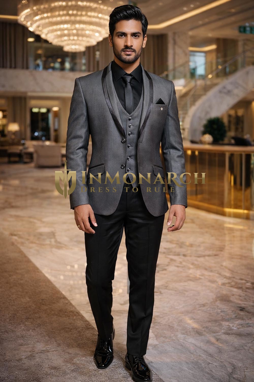 Mens Gray 6 Piece Shawl Lapel Tuxedo Suit Wedding Groom Formal Attire Wear
