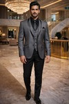 Mens Gray 6 Piece Shawl Lapel Tuxedo Suit Wedding Groom Formal Attire Wear