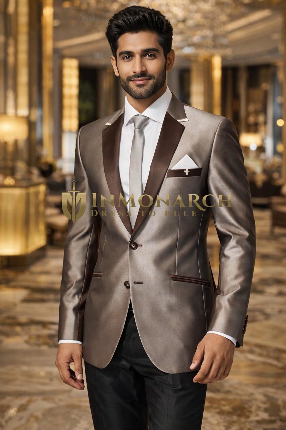 Mens Bronze 6 Piece Two Button Tuxedo Suit Formal Groom Attire Wear