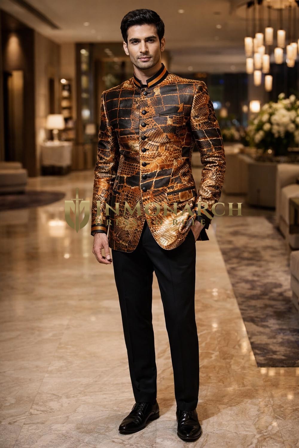 Mens Digital Print Brocade 7 Button Wedding Tuxedo Suit 3 Piece Set