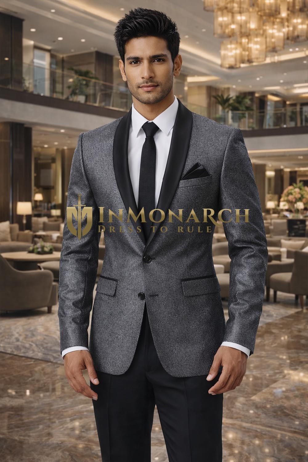 Mens Gray Shawl Collar 5 Piece Tuxedo Suit for Wedding & Formal Wear