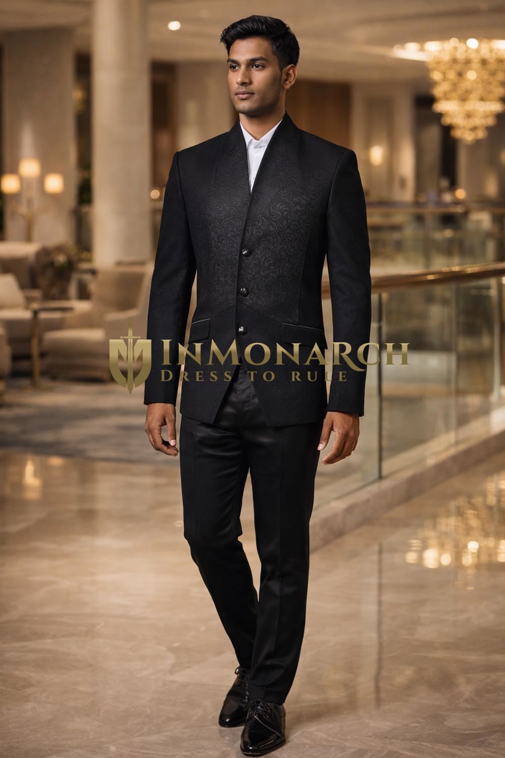 Mens Black V Neck 3 Button Bandhgala Jacket Designer Party Wear Coat