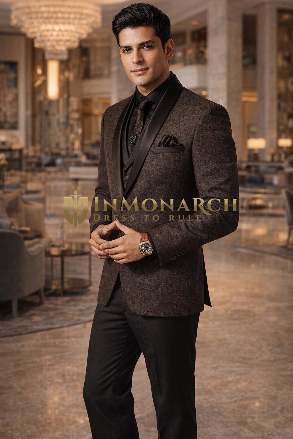 Esmoquin marrón solapa chal 7 piezas hombre