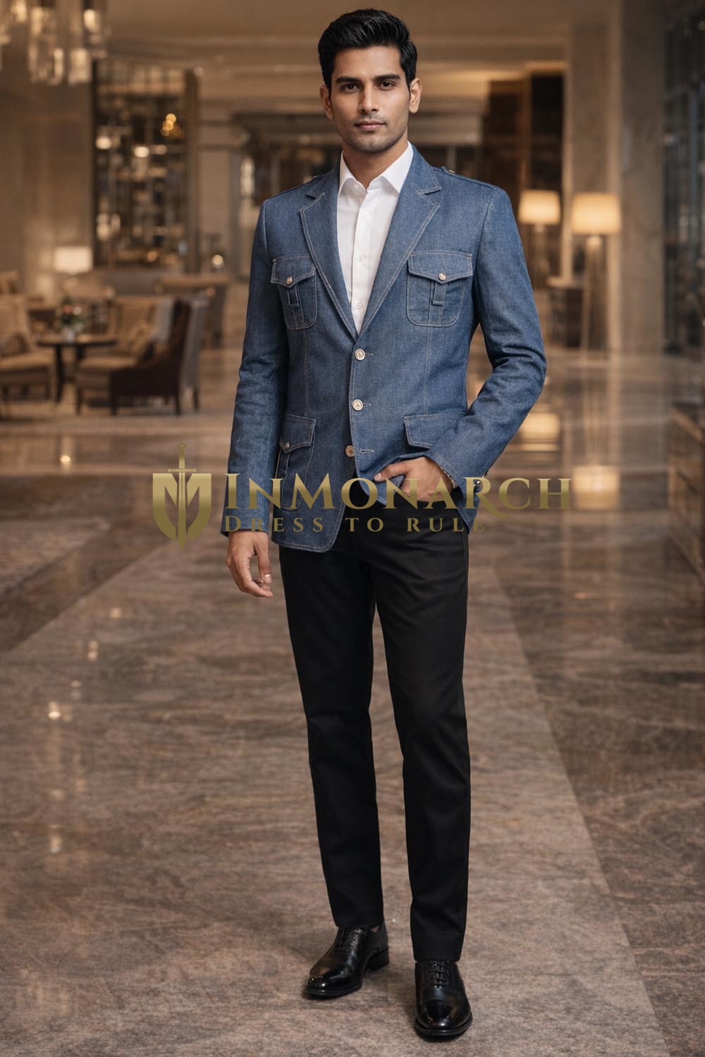 Mens Light Denim Safari Blazer 4 Pocket Linen Groomsmen Jacket