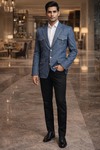 Mens Light Denim Safari Blazer 4 Pocket Linen Groomsmen Jacket