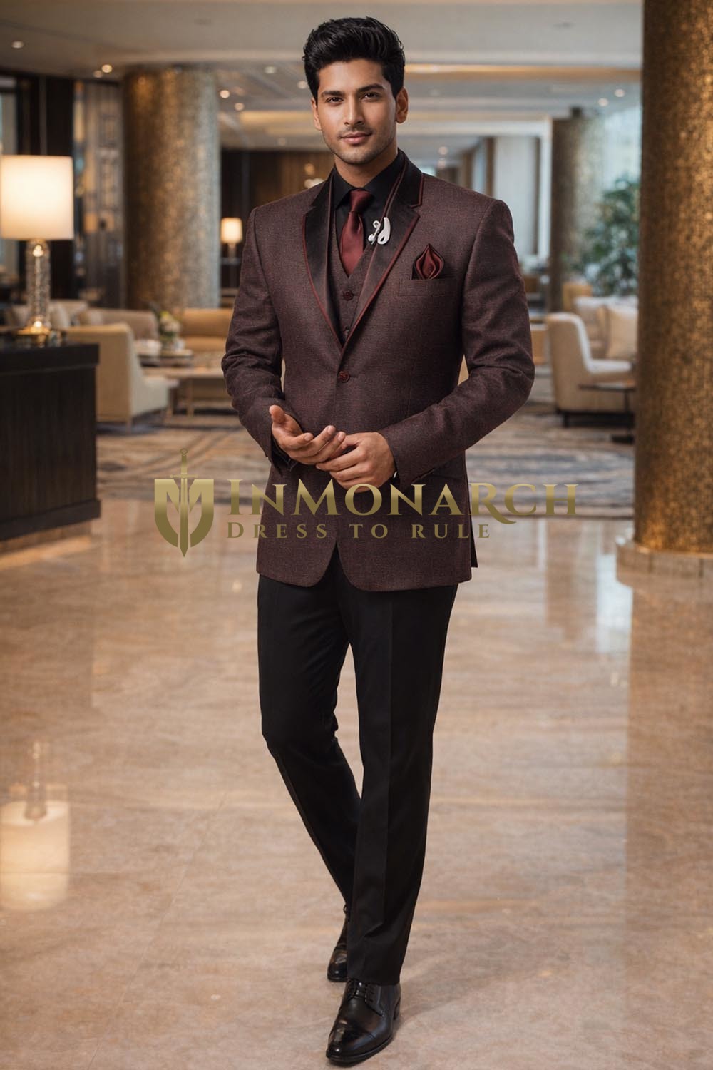 Mens Brown Traditional Tuxedo Suit 6Pc Wedding & Party Wear