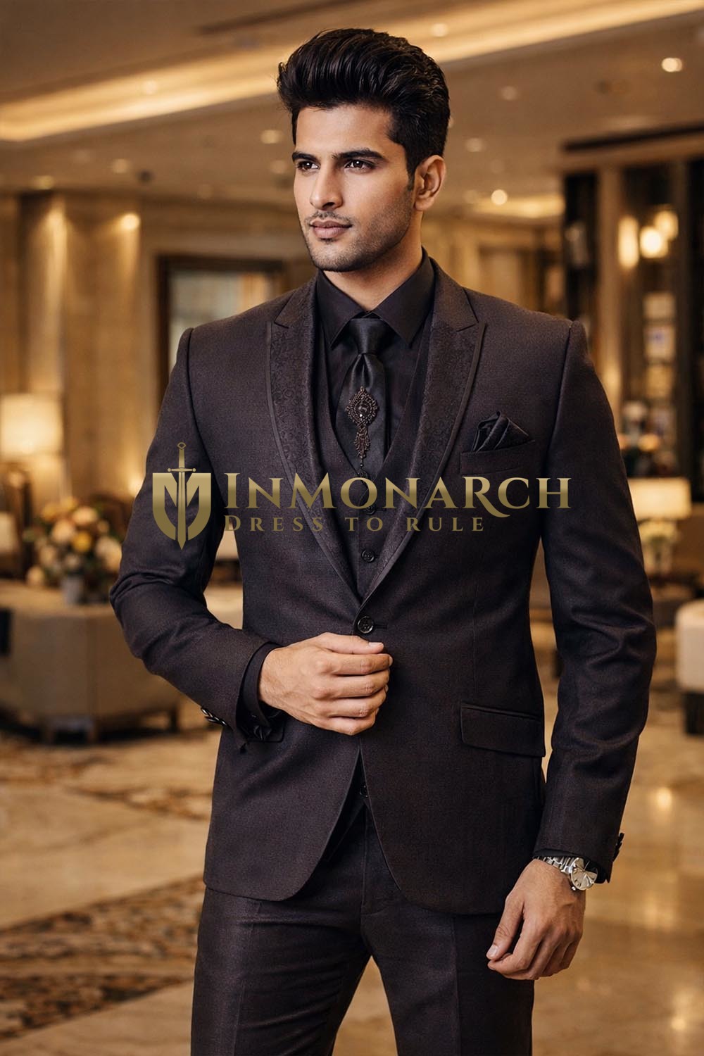 Mens Purple Wine Indian Wedding Notch Lapel Tuxedo Suit 7 Pc