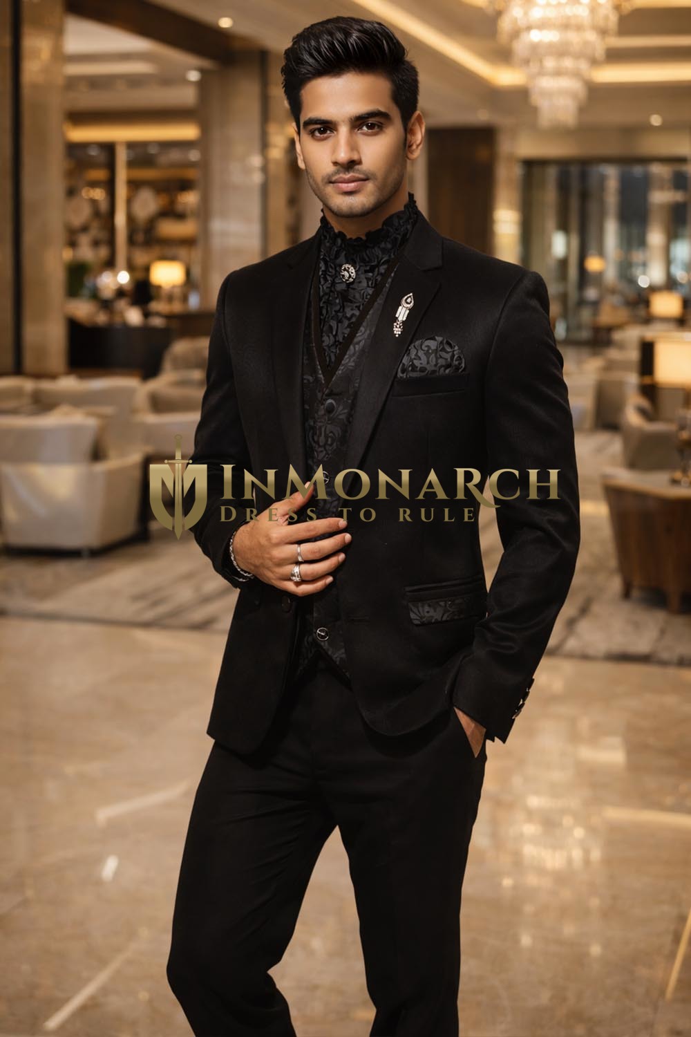 Esmoquin negro de boda diseñador 6 piezas