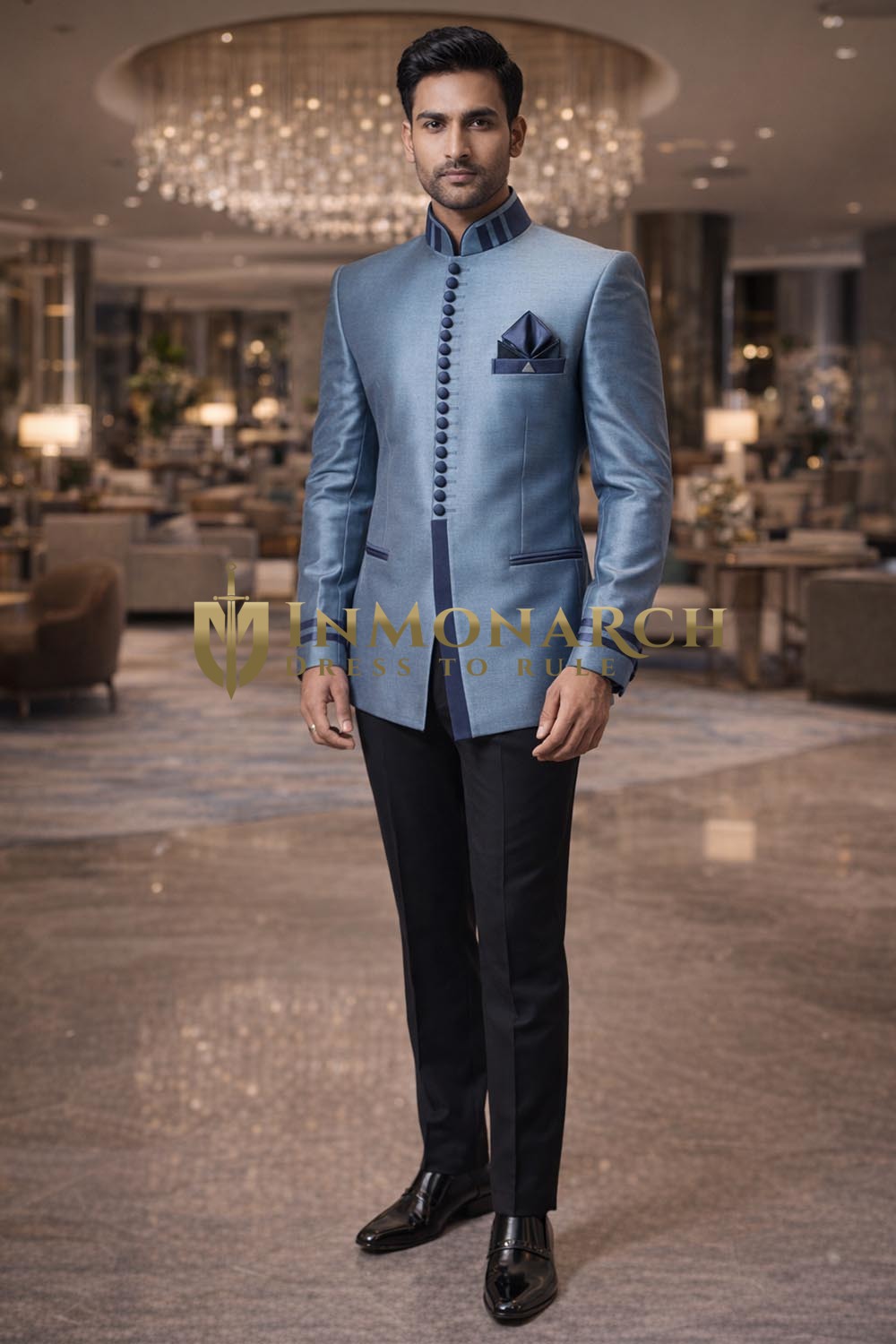 Mens Steel Blue Designer Tuxedo Suit 4 Pc Party & Wedding Wear