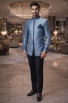 Mens Steel Blue Designer Tuxedo Suit 4 Pc Party & Wedding Wear