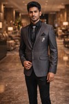 Mens Gray Peak Lapel Tuxedo Suit 7 Pc Wedding Formal Black Trouser Wear