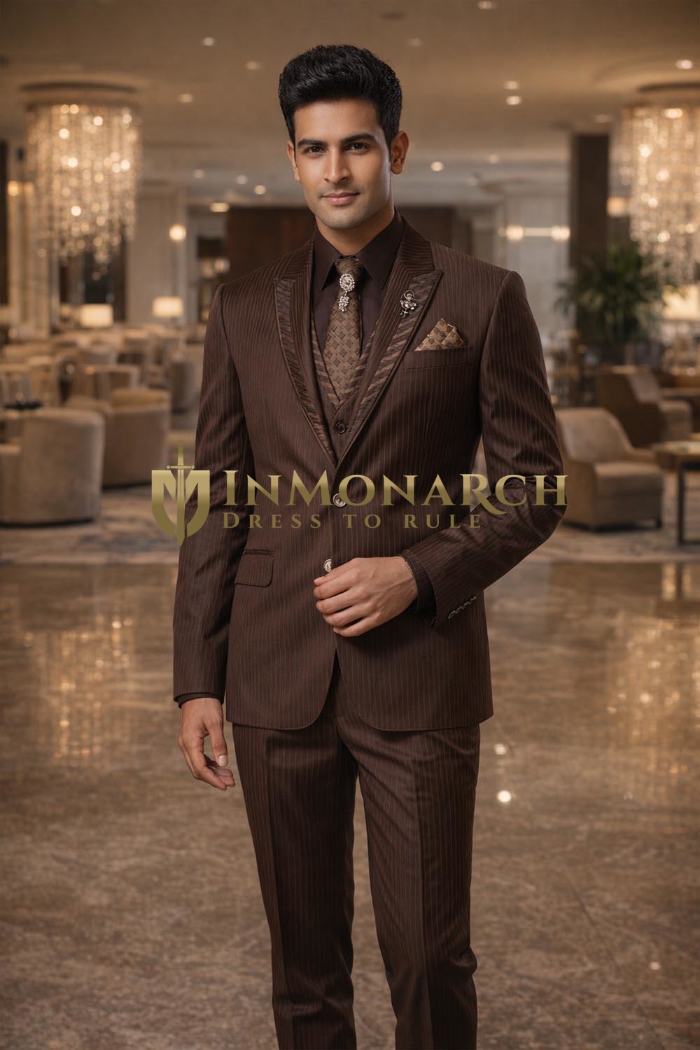 Mens Brown Peak Lapel Tuxedo Suit 7 Pc Wedding Formal Party Wear