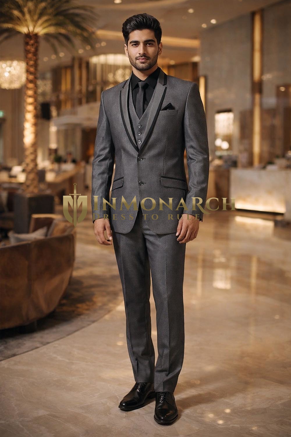 Mens Gray Wedding Tuxedo Suit 6 Pc Vest Formal Black Trouser Ensemble