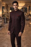 Mens Burgundy Linen Nehru Collar Tuxedo Suit 4pc Groom Wedding Outfit
