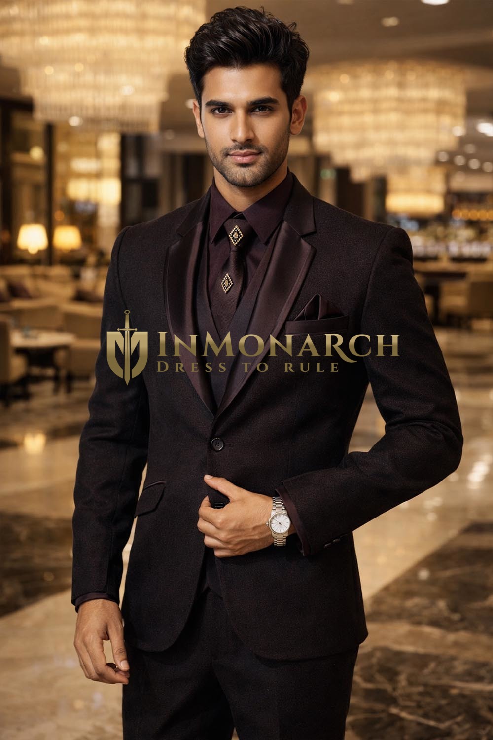 Mens Wine Two Button Tuxedo Suit 7pc Slim Fit Wedding Formal Wear