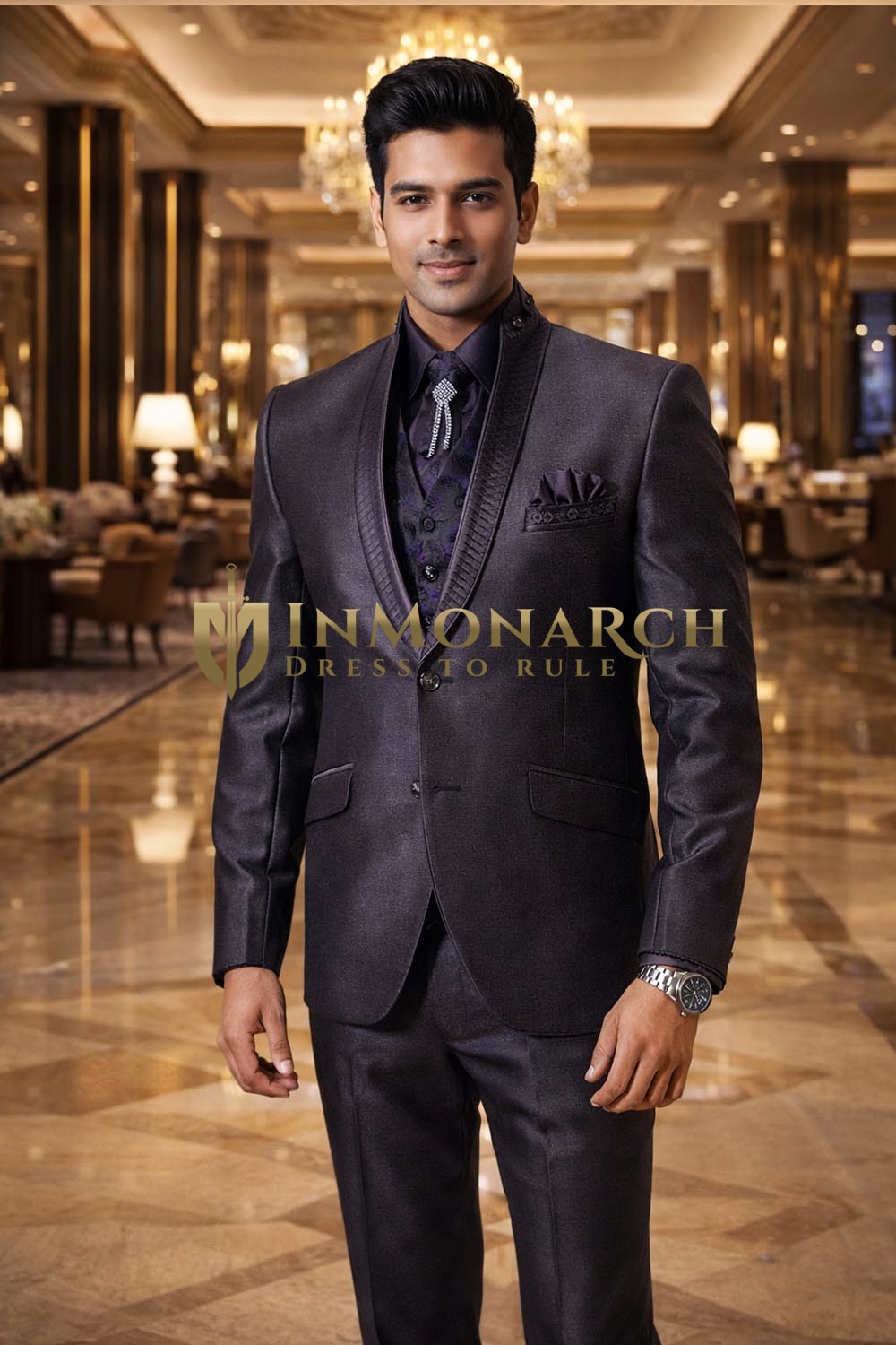 Mens purple wine Two Button Tuxedo Suit 7pc Modern Wedding Formal Wear