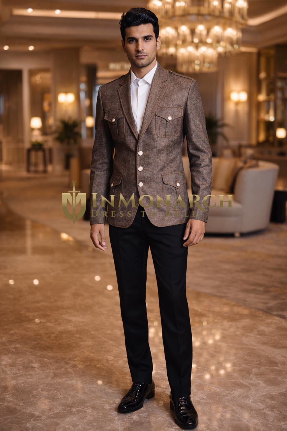 Mens Light brown Linen Notch Lapel Blazer 4 Pocket Modern Formal Jacket