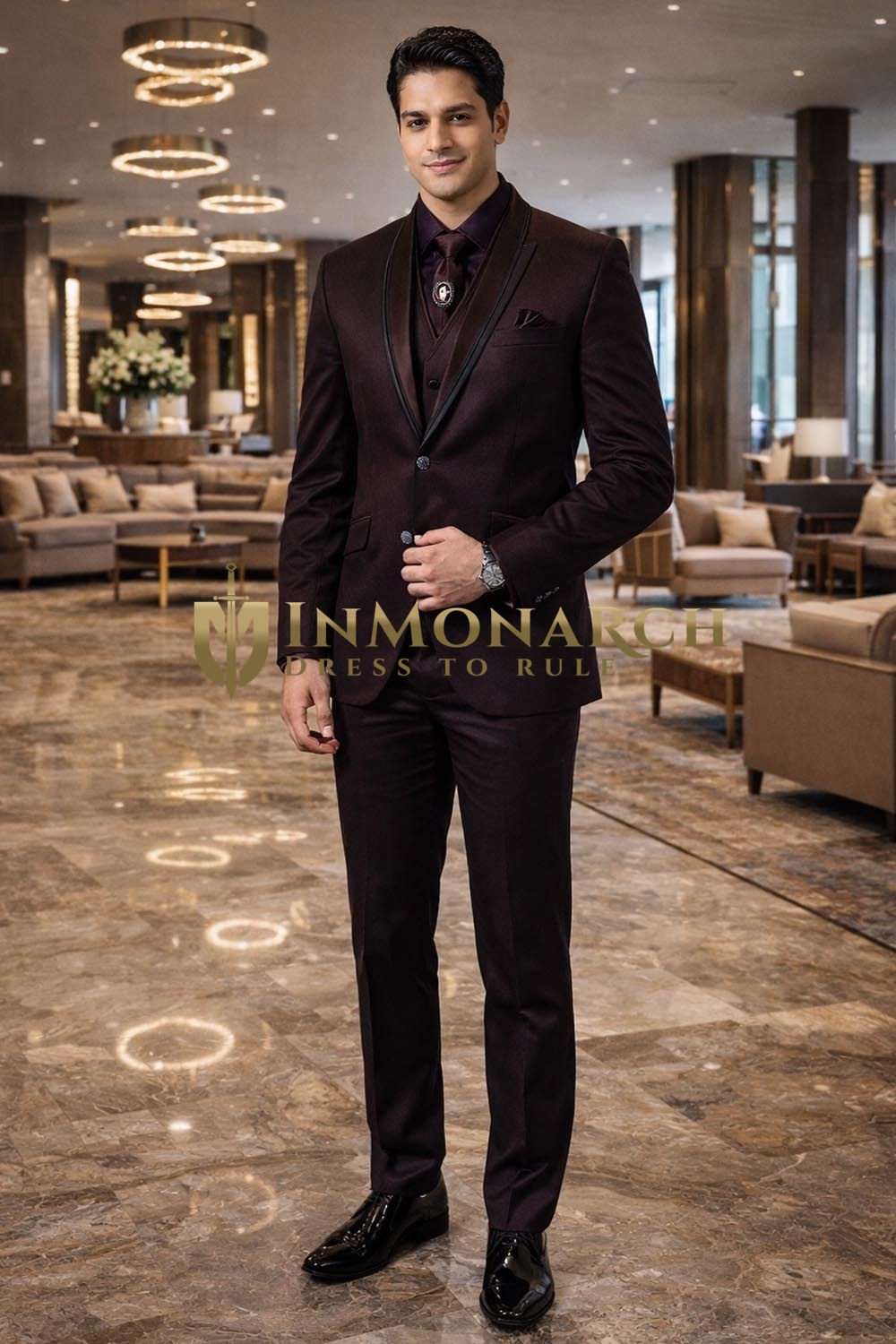 Mens Deep Brown 7 Piece Double Lapel Tuxedo Suit Formal Wedding Attire