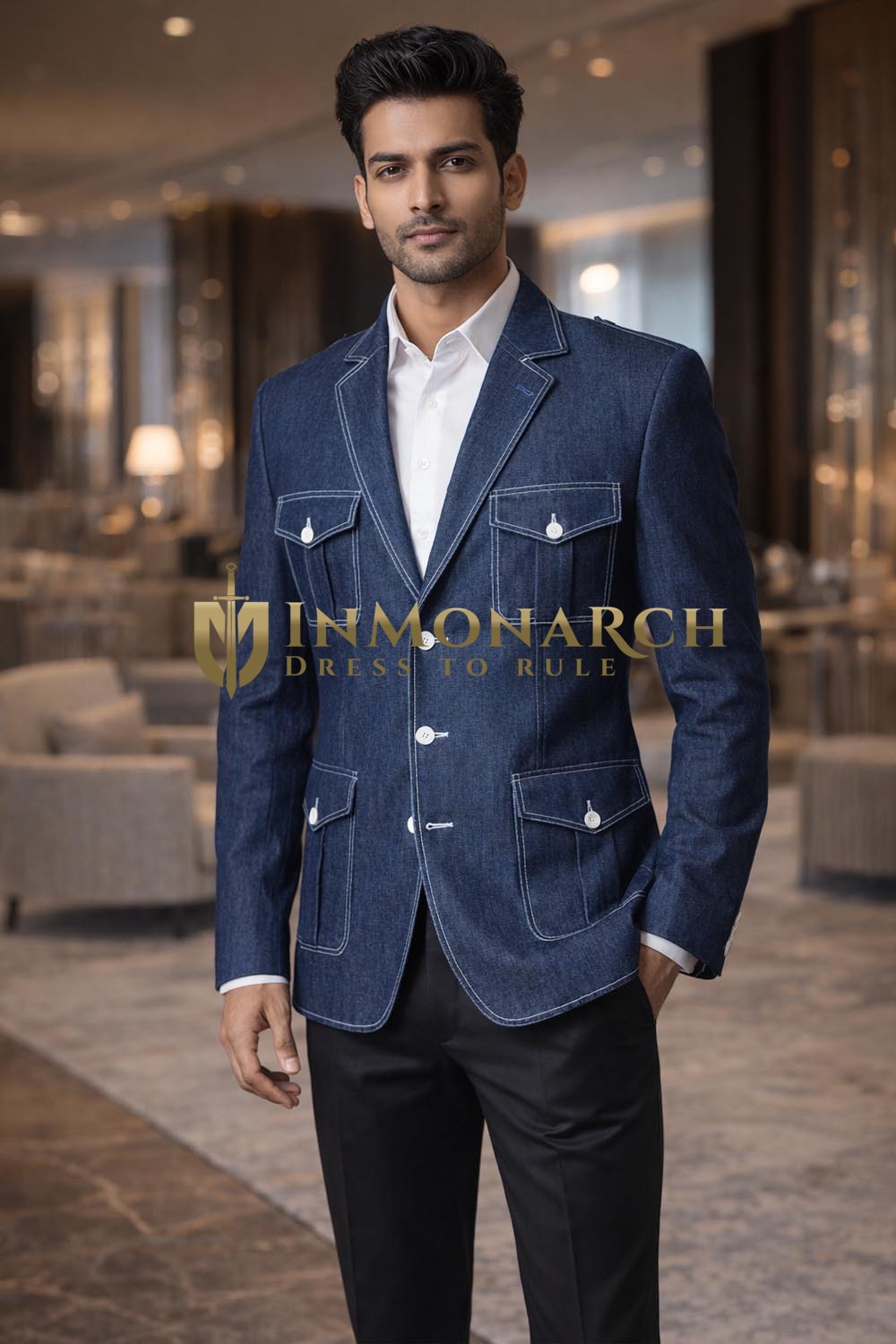 Mens Denim Blue Linen Open Neck 4 Pocket Blazer Casual Summer Jacket