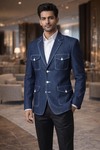 Mens Denim Blue Linen Open Neck 4 Pocket Blazer Casual Summer Jacket