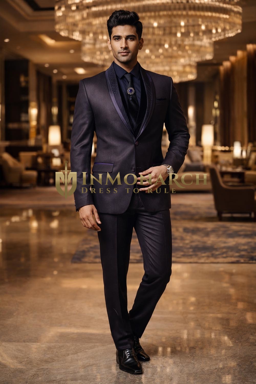 Esmoquin gris púrpura con parches azul 5 piezas