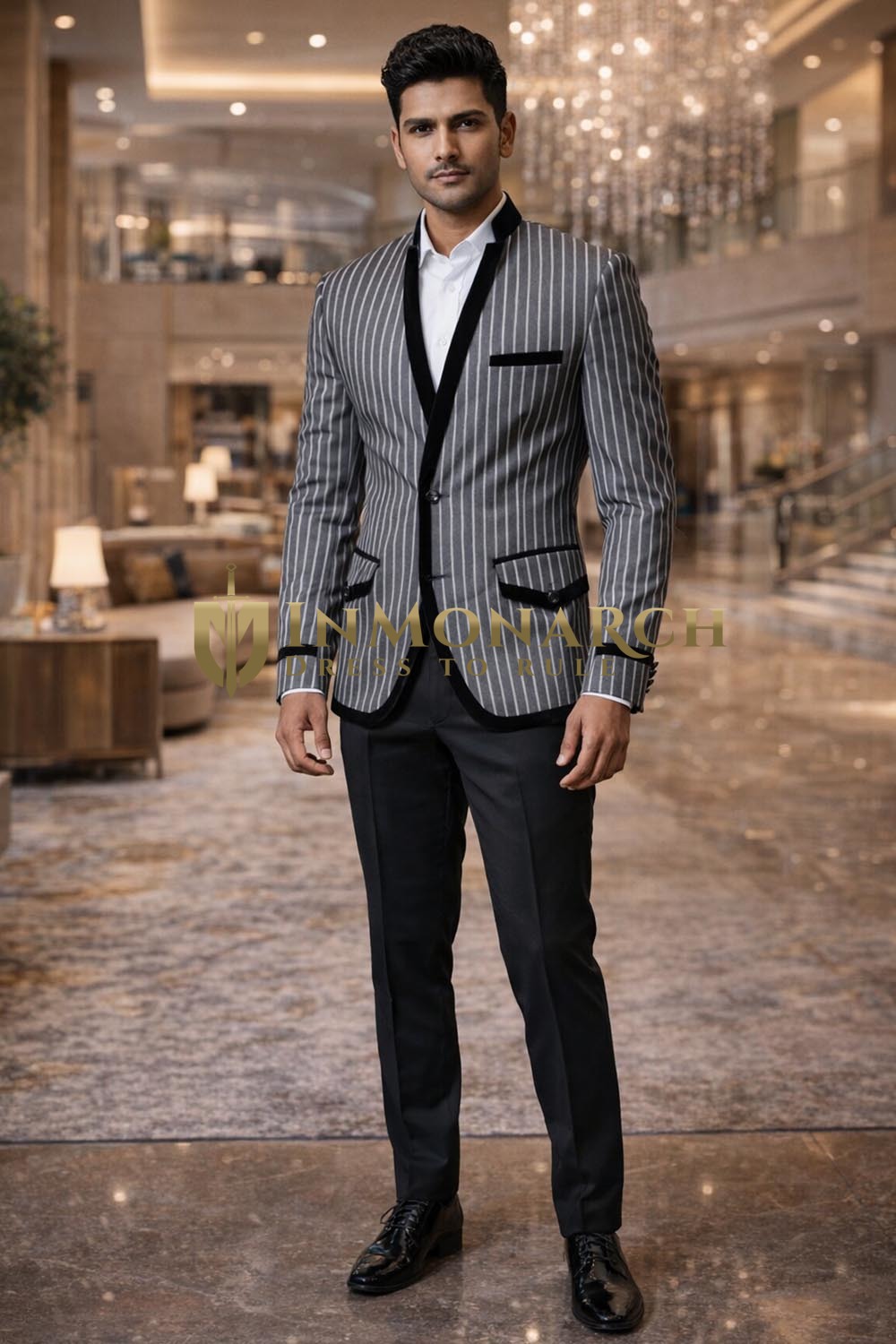 Mens Gray Pinstripe Mandarin Collar 1 Piece Blazer Formal Evening Jacket