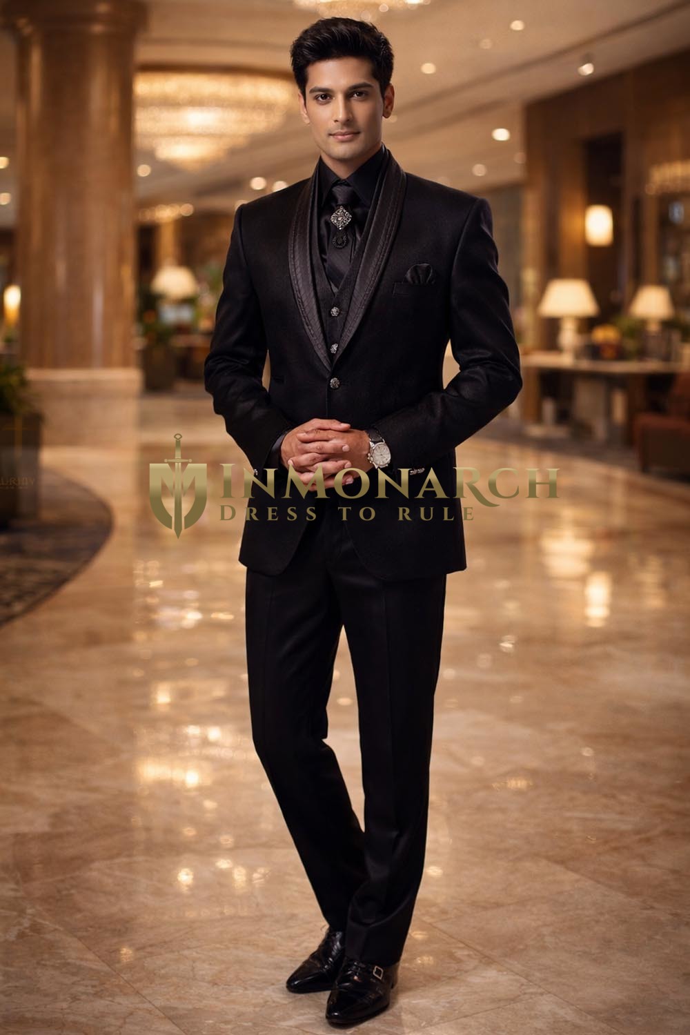 Mens Black 7 Piece Designer Tuxedo Suit Luxury Wedding Reception Wear