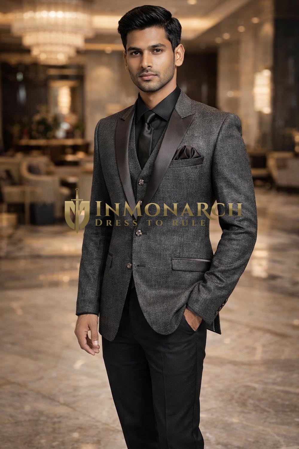 Mens Purple Gray 6 Piece Shawl Collar Tuxedo Suit Wedding Reception Wear