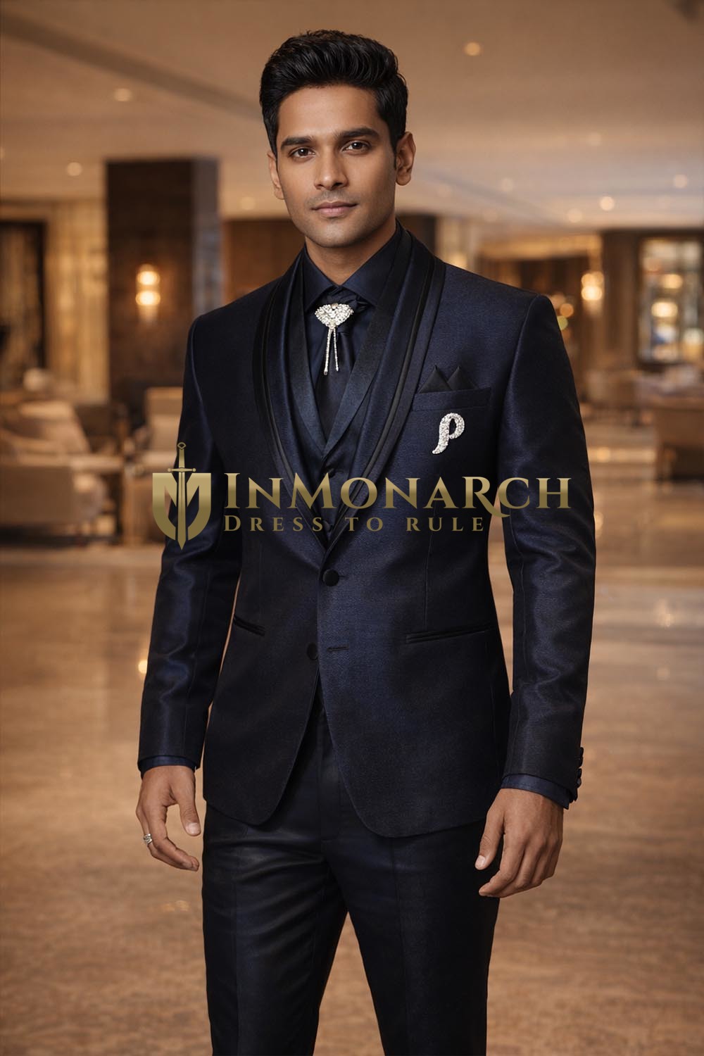 Mens Brown 7 Piece Velvet Trim Shawl Collar Tuxedo Suit Wedding Attire