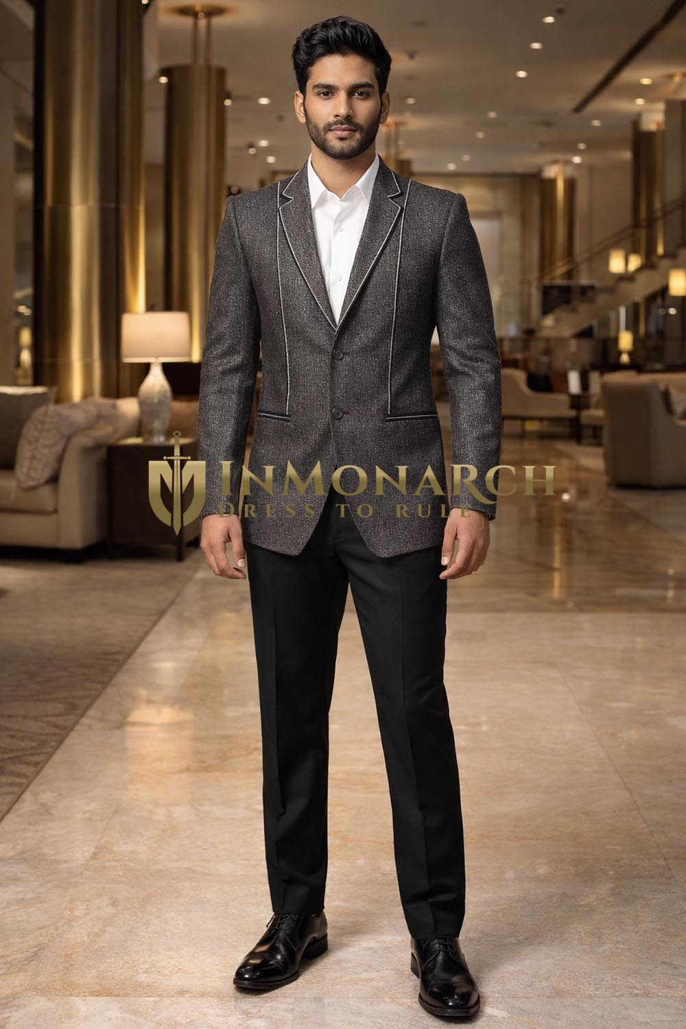 Mens Charcoal Gray 1 Piece Three Button Notch Lapel Blazer Jacket
