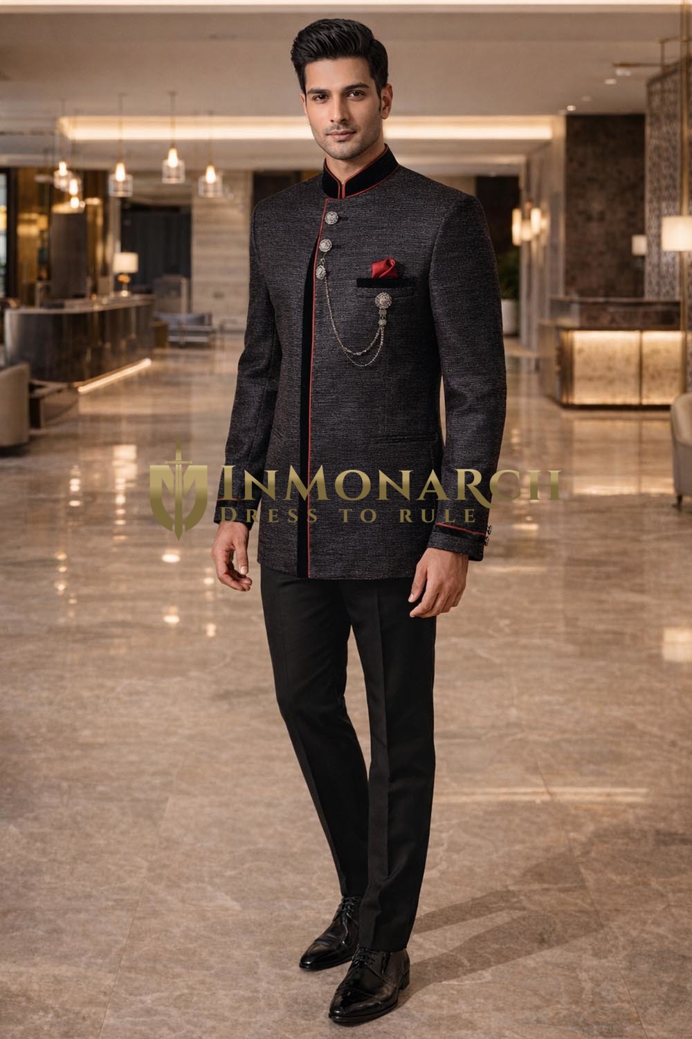 Mens Dark Gray 4 Piece Velvet Trim Tuxedo Suit Wedding Reception Wear
