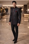 Mens Dark Gray 4 Piece Velvet Trim Tuxedo Suit Wedding Reception Wear