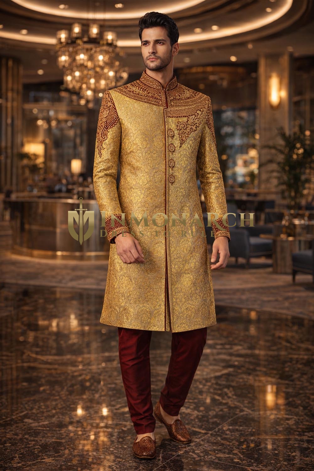 Mens Beige Khimkhaap Hand Embroidered Indowestern Sherwani Set with Dupion Pant